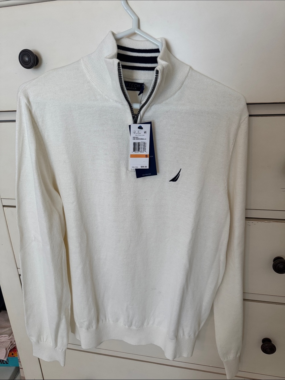 Nautica Men’s Cream Half-Zip Sweater with Navy Logo NEW